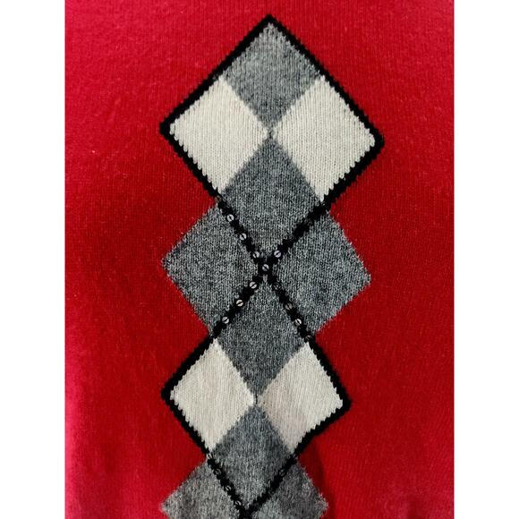 Charter Club Cashmere Sweater Women's L Red Sequin Argyle Design Soft Round Neck - Picture 4 of 7